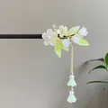 Elegant sandalwood hair stick with green leaf and floral tassel for Hanfu hairstyles - White Flower Green Leaf Tassel Pendant Style (0672)