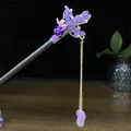Elegant purple butterfly wooden hair stick with golden tassel for Chinese Hanfu styling - Purple Butterfly Artificial Pearl Tassel Style (0667)