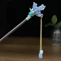 Chinese style wooden hair stick featuring blue flower design and long gold tassel - Blue Butterfly Flower Artificial Pearl Tassel Style (0665)