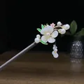Elegant vintage Chinese style sandalwood hair stick with white resin flower and pearl tassel - White Floral Artificial Pearl Tassel Style (0659)