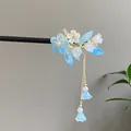 Elegant sandalwood hair stick with blue and white resin flowers and gold tassels - Blue & White Petal Artificial Pearl Tassel Style (0670)