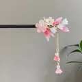 Elegant pink flower wooden hairpin with golden tassel in traditional Chinese style. - Pink & White Floral Golden Tassel Style (0671)
