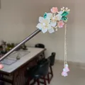 Elegant vintage Chinese wooden hair stick with white floral accents and a long golden tassel - Pink & White Lily of the Valley Long Tassel Style (8789)