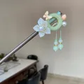 Elegant New Chinese style sandalwood hair stick with jade ring and tassel charms - Green Ring Butterfly Artificial Pearl Tassel Style (8792)