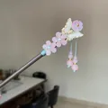 Handmade sandalwood hair stick featuring pink flowers and butterfly tassel for Hanfu style - Pink & Blue Flower Butterfly Step-Shake Tassel Style (8793)