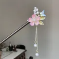 Traditional Chinese style wooden hair stick with pink resin flower and pearl tassels - Pink Flower Butterfly Tassel Step-Shake Style (8748)