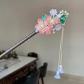 Traditional wooden hairpin with pink flower and tassel detail - Pink Purple Gradient Flower Lily of the Valley Tassel Style (8790)