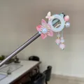 Handcrafted Chinese style sandalwood hair stick featuring pink flower and elegant tassel beads - Pink Gradient Flower Green Ring Butterfly Tassel Style (8791)