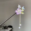 Elegant handmade sandalwood hair stick with purple flower and pearl tassel for Hanfu outfits - Light Purple Flower Butterfly Pearl Tassel Style (8747)