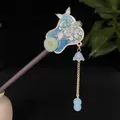 Traditional Chinese sandalwood hair stick with blue butterfly and elegant flower tassel - Blue Fan Shape Peace Buckle Butterfly Tassel Style (9629)