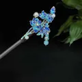 Elegant Chinese style sandalwood hair stick with blue enamel flowers and pearl tassel - Blue Enamel Floral Pearl Tassel Style (9631)