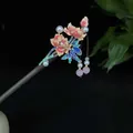 Traditional Chinese style wooden hair stick with floral enamel and pearl tassels - Pink Peony Enamel Leaf Tassel Style (9632)