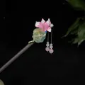 Elegant handcrafted sandalwood hair stick with pink lotus and green flower for Hanfu styles - Emerald Green Pink Lotus Petal Tassel Step-Shake Style (9630)