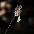 Elegant handmade ebony hair stick featuring pink flower and green bead tassels for Hanfu - Pink Flower Green Leaf Tassel Style (0209) / Pink