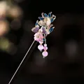 Elegant Chinese style sandalwood hair stick with enamel flower and purple tassels. - Purple Blue White Floral Purple Tassel Style (0207) / Purple