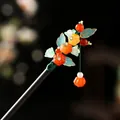 Handcrafted vintage sandalwood hair stick with elegant floral beads and tassel for Hanfu - Orange-red Fruit Cyan Leaf Tassel Style (0050) / Orange Red