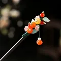 Elegant vintage sandalwood hairpin featuring vibrant hand-crafted floral accents and tassels - Orange Pink Yellow Floral Light Blue Leaf Tassel Style (0049) / Multicolor