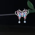 Elegant butterfly wooden hair pin with pink enamel and pearl tassels for Hanfu hairstyle - Pink and Blue Enamel Butterfly Pearl Tassel Style (0391)