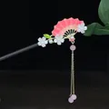 Traditional sandalwood hairpin featuring a pink fan design and floral tassel for Hanfu styling - Pink Fan Enamel Pearl Flower Style (0418)