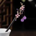 Handmade vintage wooden hair stick with delicate pink flowers and purple tassels for Hanfu - Pink Translucent Flower Butterfly Purple Tassel Style (3516)