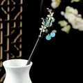 Elegant wooden hair pin with exquisite blue butterfly and flower tassels for Hanfu - Cyan Green Translucent Butterfly Blue Tassel Style (3514)