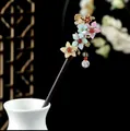 Elegant traditional Chinese sandalwood hairpin featuring colorful flowers and delicate tassel - Colorful Multi-Layer Flower Transparent Bead Tassel Style (3532)