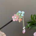Traditional Chinese sandalwood hairpin with colorful resin flowers and petal tassel - Colorful Glazed Floral Artificial Pearl Tassel Style (2445)