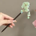 Elegant handmade black sandalwood hair stick with green ginkgo leaves and tassels - Ginkgo Leaf Rhinestone Tassel Style (2475)