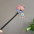 Elegant vintage sandalwood hair stick with pink enamel lotus flower and hanging tassels - Pink Enamel Lotus Artificial Pearl Tassel Style (2478)