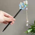Elegant sandalwood hair stick with blue flower and hanging pearl tassel for Hanfu - Light Blue Flower Artificial Pearl Tassel Step-Shake Style (2476)