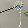 Vintage Chinese style sandalwood hair stick with enamel flower, dragonfly, and pearl tassels - Blue and Purple Lotus Dragonfly Tassel Style (2591)