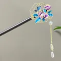 Traditional Chinese wooden hairpin with purple enamel flowers and pearl tassel detail. - Purple Gradient Butterfly Window Style (2593)