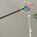 Traditional Chinese style sandalwood hair stick with enamel lotus flower and pearl tassel - Golden Hollow Flower Window Lotus Style (2592)