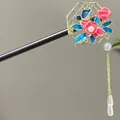 Traditional Chinese vintage sandalwood hair stick featuring pink enamel flower and pearl tassel - Golden Hexagon Window Pink Flower Style (2594)