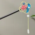 Traditional Chinese sandalwood hair stick featuring blue enamel flower and pearl tassel - Blue And Pink Enamel Flower Hollow Style (2596)