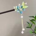 Elegant New Chinese style wooden hair stick with blue flower and white pearl tassel decoration - Gradient Blue Five-Petal Flower Pearl Tassel Style (2603)