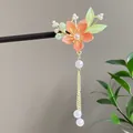 Handmade wooden hairpin with orange flower and pearl tassel in ancient Chinese style - Orange-Pink Five-Petal Flower Pearl Tassel Style (2604)