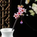 Elegant sandalwood hair stick with pink flowers and purple bead tassel for Hanfu - Pink Flower Purple Round Bead Tassel Style (3534)