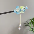 Elegant handmade sandalwood hair stick featuring blue flower petals and a pearl tassel - Blue Flower Tender Green Leaf Pearl Tassel Style (2606)
