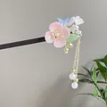 Handmade Chinese sandalwood hair stick with pink resin flower and pearl tassel - Pink Plum and Blue Butterfly Style (2608)