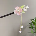 Elegant handmade sandalwood hair stick with pink resin flower and long tassel for Hanfu - Pink Floral Light Green Leaf Style (2605)