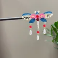 Traditional Chinese dragonfly hair stick with pink flowers and blue wings for Hanfu style - Blue Dragonfly Pink Flower Style (2617)