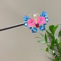 Vintage Chinese style ebony wood hairpin with pink and blue flowers and pearls - Pink and Sky Blue Flower Cluster Style (2609)