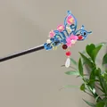 Elegant ancient style butterfly wooden hair pin with blue enamel and pink floral tassels - Blue Butterfly Pink Flower Style (2611)