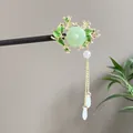 Traditional Chinese style black sandalwood hairpin with tassel and green stone embellishment - Golden Flower Leaf Faux Jade Style (2622)