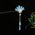 Traditional sandalwood hair stick with blue floral tassel and pearl accents - Blue Layered Petal Pearl Style (2623)
