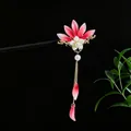 Elegant pink lotus wooden hairpin with pearl tassel for Chinese Hanfu hair styling - Pink Gradient Lotus Pearl Style (2624)