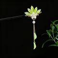 Elegant ancient style wooden hair stick with green leaves and pearl tassel for Hanfu accessories - Light Green Leaf White Floral Tassel Style (2625)