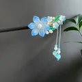 Elegant sandalwood hair stick with blue resin flowers and pearl tassels for Hanfu bun - Light Blue Translucent Flower Artificial Pearl Tassel Style (2274)