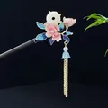Elegant handmade sandalwood hair stick with floral design and golden tassel for Hanfu accessories - Peace Buckle Pink Flower Blue Leaf Tassel Style (1794)